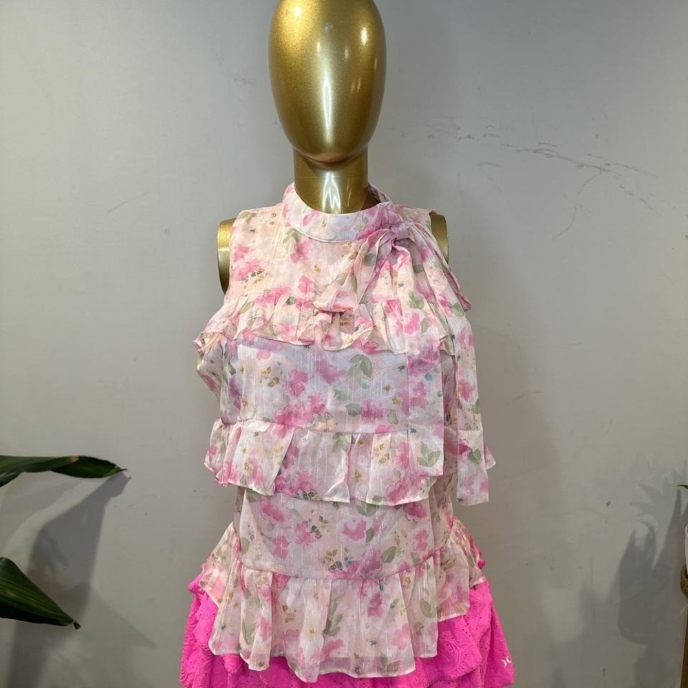 Romantic tiered layered floral top bay pink ruffle top tie neck LARGE